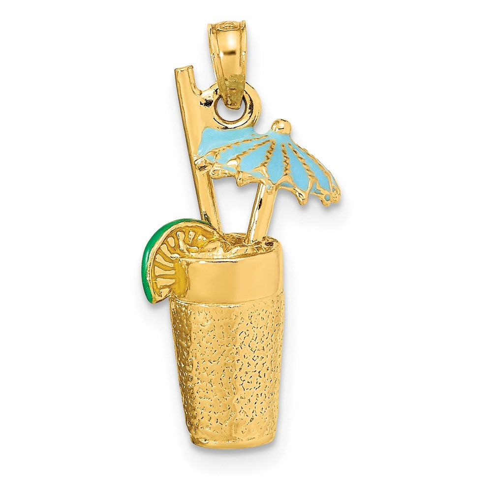 14k Yellow Gold 6.6 mm 3-D Cocktail Drink w/ Enamel Umbrella and Lime Charm (3.9 grams)
