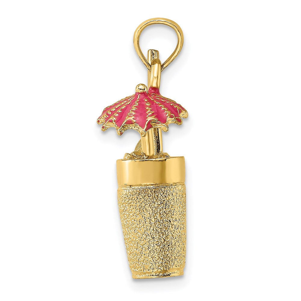 14k Yellow Gold 6.5 mm 3-D Cocktail Drink w/Fuschia Enamel Umbrella and Lime Charm (4.2 grams)