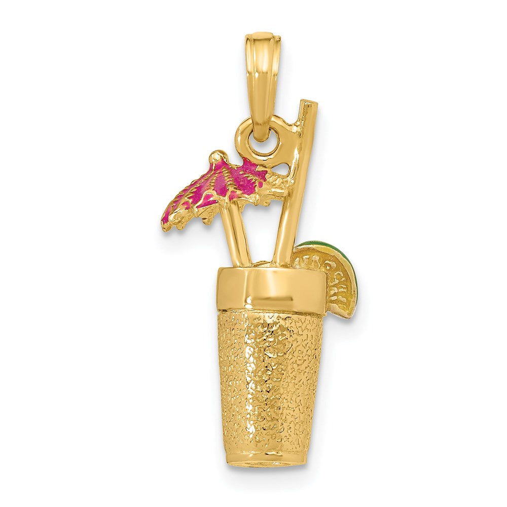 14k Yellow Gold 6.5 mm 3-D Cocktail Drink w/Fuschia Enamel Umbrella and Lime Charm (4.2 grams)
