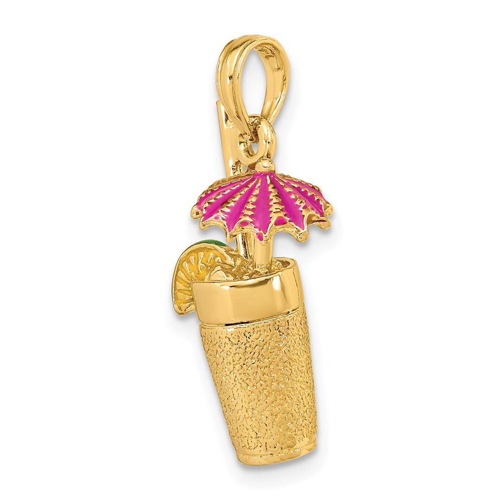 14k Yellow Gold 6.5 mm 3-D Cocktail Drink w/Fuschia Enamel Umbrella and Lime Charm (4.2 grams)