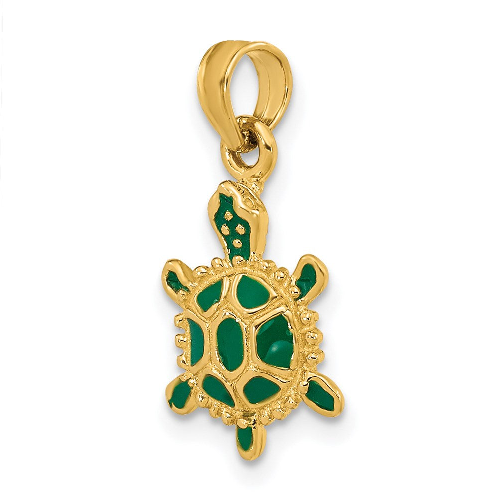 14k Yellow Gold 9.3 mm Green Enamel 3-D Land Turtle Charm (1.51 grams)