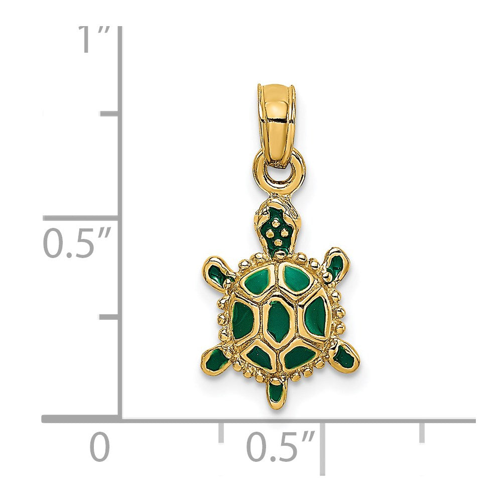 14k Yellow Gold 9.3 mm Green Enamel 3-D Land Turtle Charm (1.51 grams)