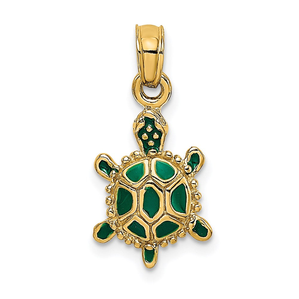 14k Yellow Gold 9.3 mm Green Enamel 3-D Land Turtle Charm (1.51 grams)