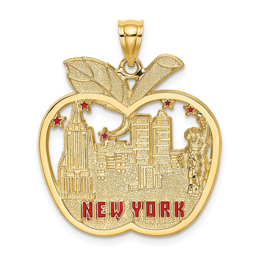 14k Yellow Gold 26.75 mm Red Enamel NEW YORK Apple w/NY Skyline Charm (3.33 grams)