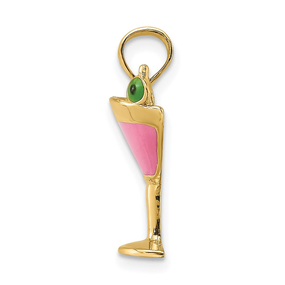 14k Yellow Gold 9.4 mm Pink Enameled Cosmo Martini w/Olive Charm (1.47 grams)