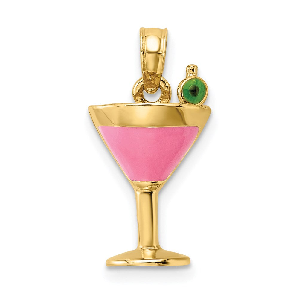 14k Yellow Gold 9.4 mm Pink Enameled Cosmo Martini w/Olive Charm (1.47 grams)