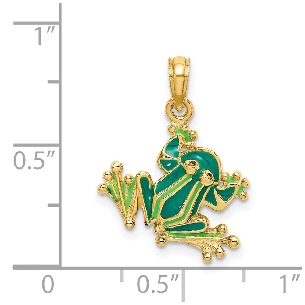 14k Yellow Gold 16.5 mm Green Enameled 2-D Small Frog Charm (1.67 grams)