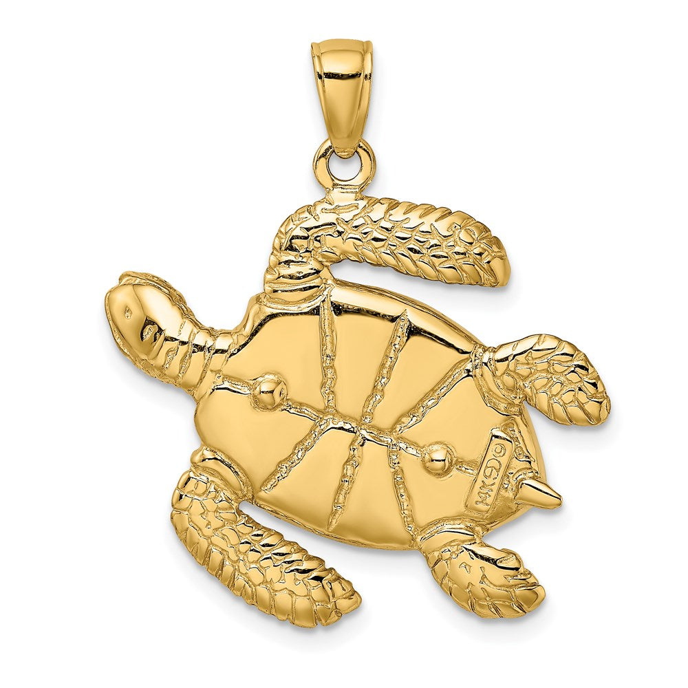 14k Yellow Gold 28.1 mm 3-D Brown Enamel Large Sea Turtle Charm (9.43 grams)