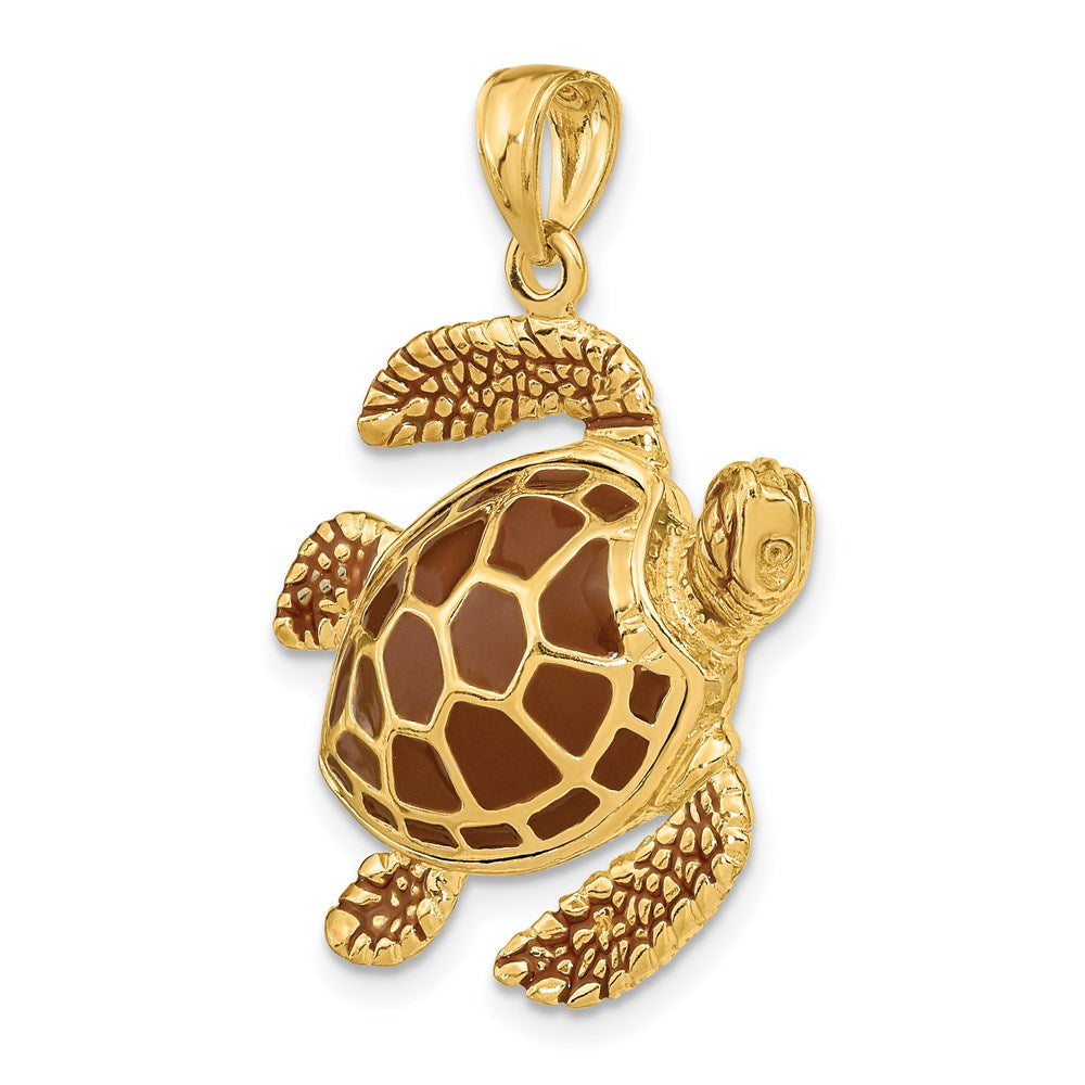 14k Yellow Gold 28.1 mm 3-D Brown Enamel Large Sea Turtle Charm (9.43 grams)