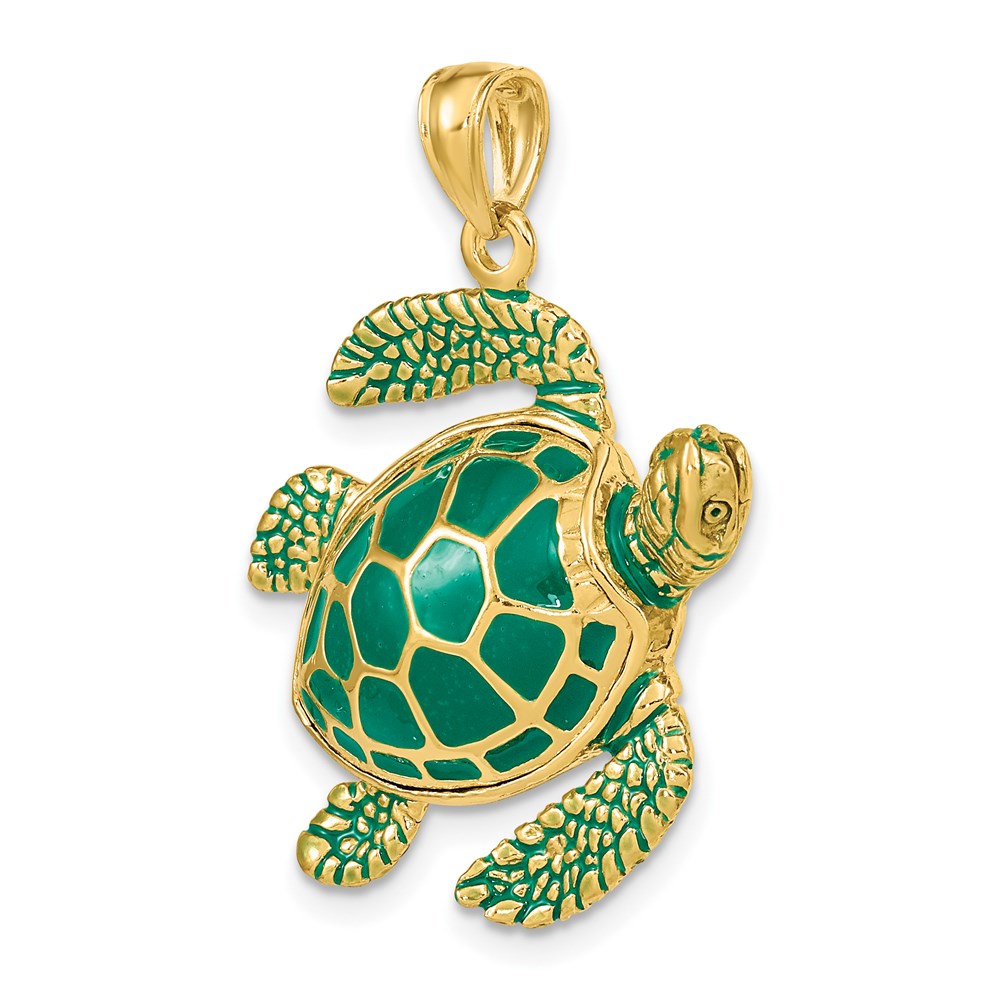 14k Yellow Gold 28.1 mm 3-D Green Enamel Large Sea Turtle Charm (9.77 grams)