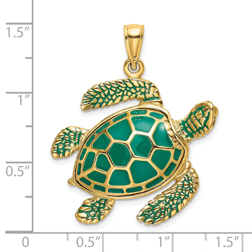 14k Yellow Gold 28.1 mm 3-D Green Enamel Large Sea Turtle Charm (9.77 grams)