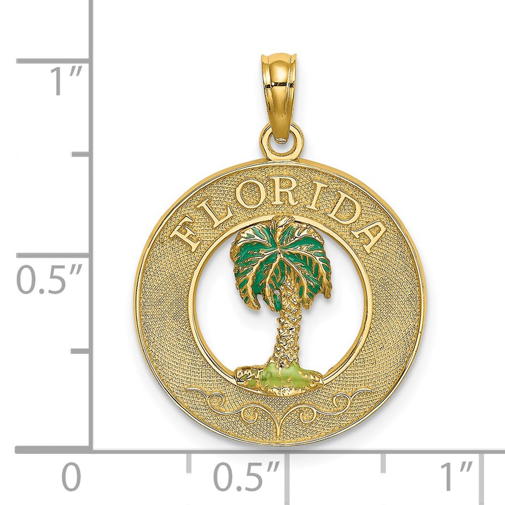 14k Yellow Gold 19.1 mm FLORIDA Enamel Palm Tree Circle Charm (1.95 grams)