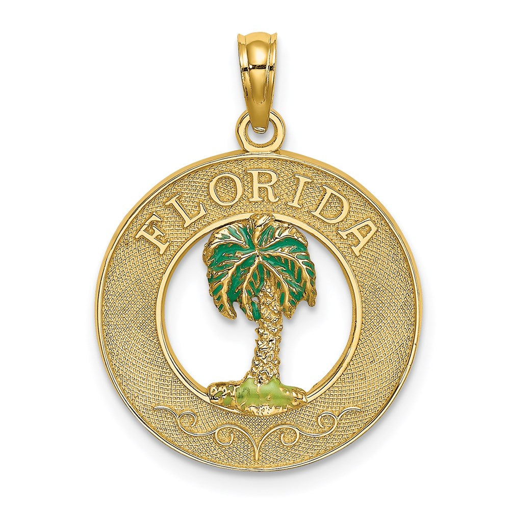 14k Yellow Gold 19.1 mm FLORIDA Enamel Palm Tree Circle Charm (1.95 grams)