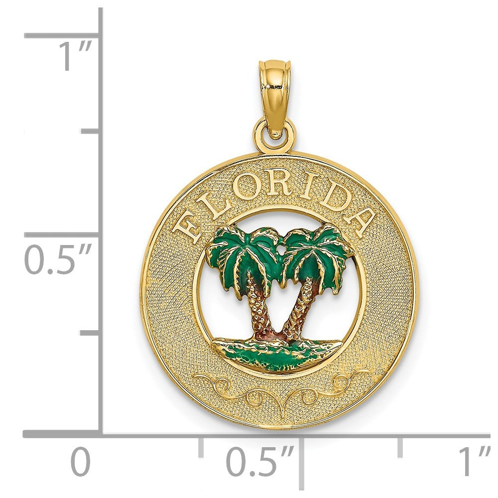 14k Yellow Gold 19.1 mm Florida Enamel Palm Trees Circle Charm (2.13 grams)