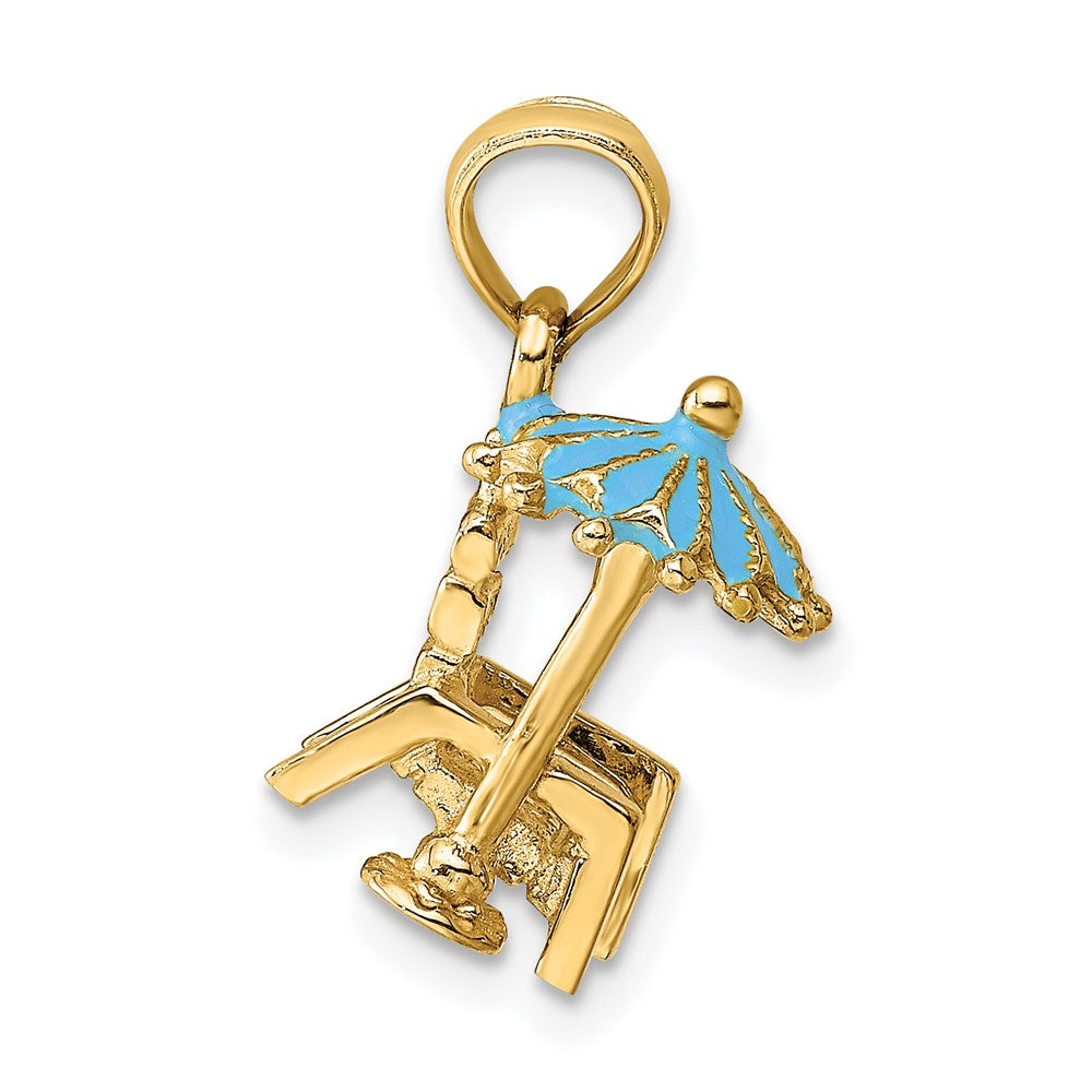 14k Yellow Gold 7.6 mm 3-D Beach Chair w/Aqua Enameled Umbrella Charm (2.12 grams)