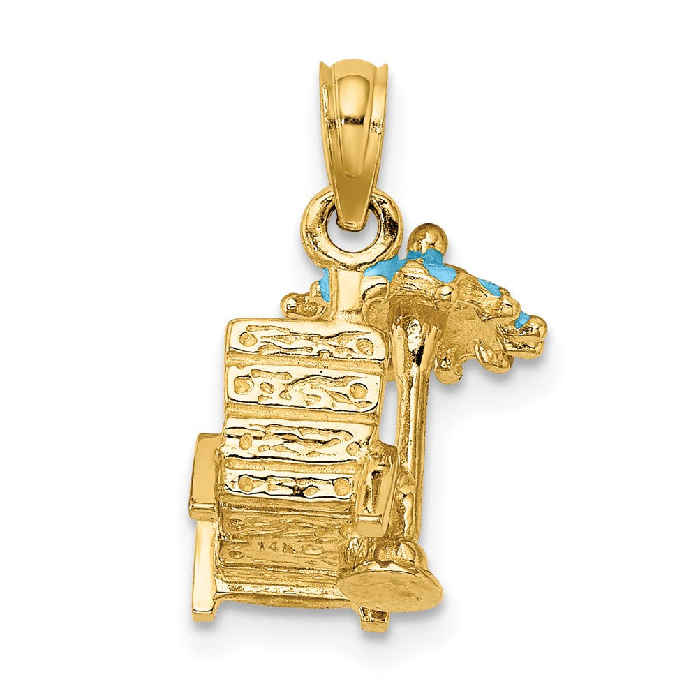 14k Yellow Gold 7.6 mm 3-D Beach Chair w/Aqua Enameled Umbrella Charm (2.12 grams)