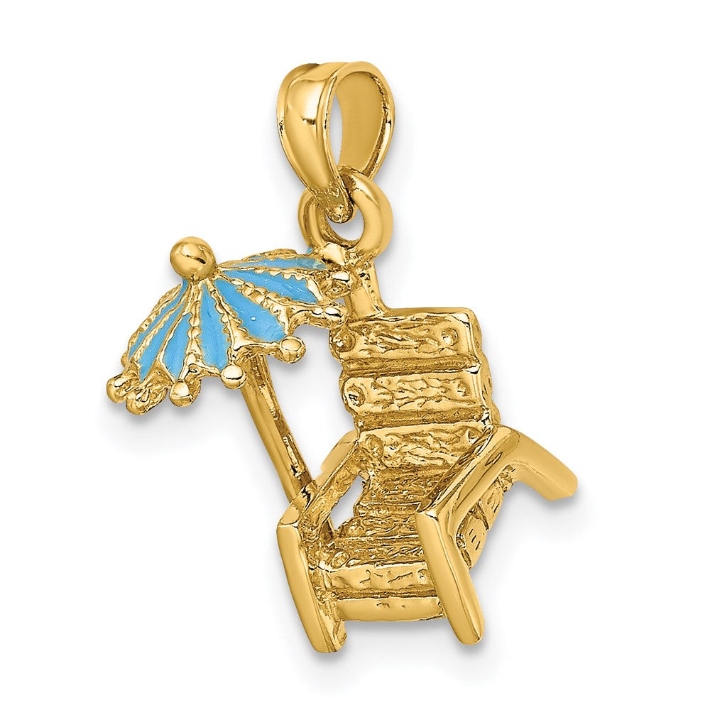 14k Yellow Gold 7.6 mm 3-D Beach Chair w/Aqua Enameled Umbrella Charm (2.12 grams)