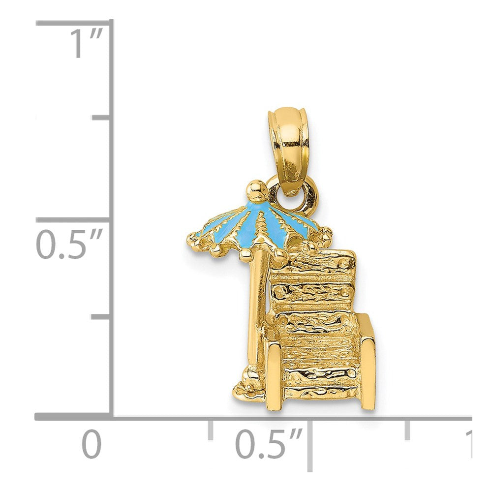 14k Yellow Gold 7.6 mm 3-D Beach Chair w/Aqua Enameled Umbrella Charm (2.12 grams)