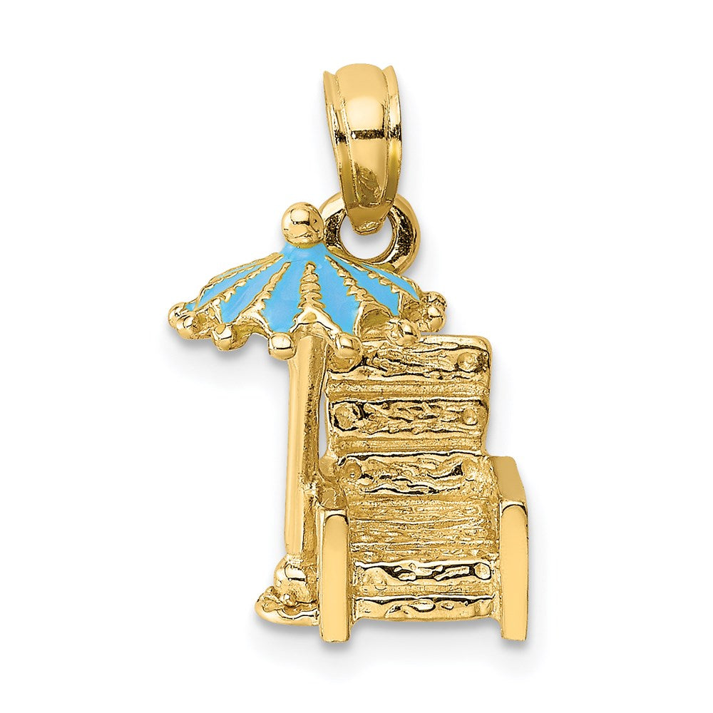 14k Yellow Gold 7.6 mm 3-D Beach Chair w/Aqua Enameled Umbrella Charm (2.12 grams)