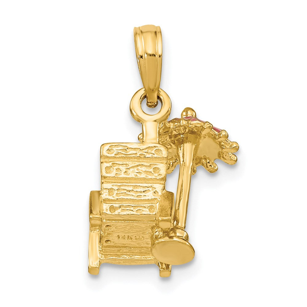 14k Yellow Gold 7.6 mm 3-D Pink Enamel Beach Chair and Umbrella Charm (2.19 grams)