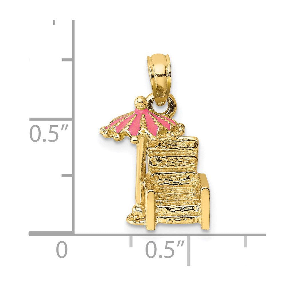 14k Yellow Gold 7.6 mm 3-D Pink Enamel Beach Chair and Umbrella Charm (2.19 grams)