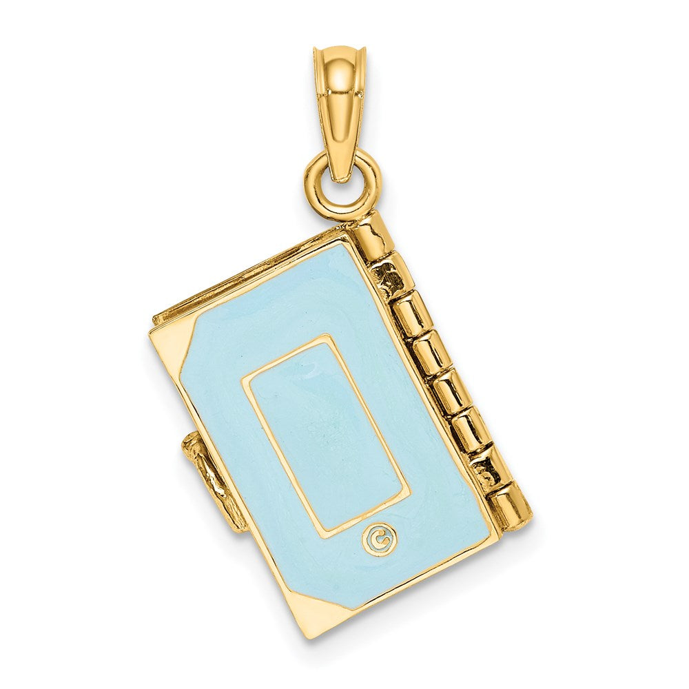 14k Yellow Gold 18.5 mm 3-D Blue Enamel Bible Book w/ Moveable Pages Charm (4.25 grams)