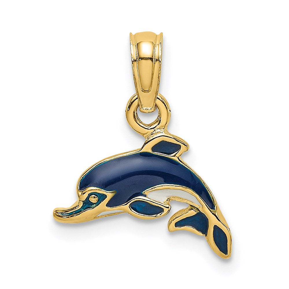 14k Yellow Gold 12.9 mm Blue Enamel Dolphin Charm (0.79 grams)