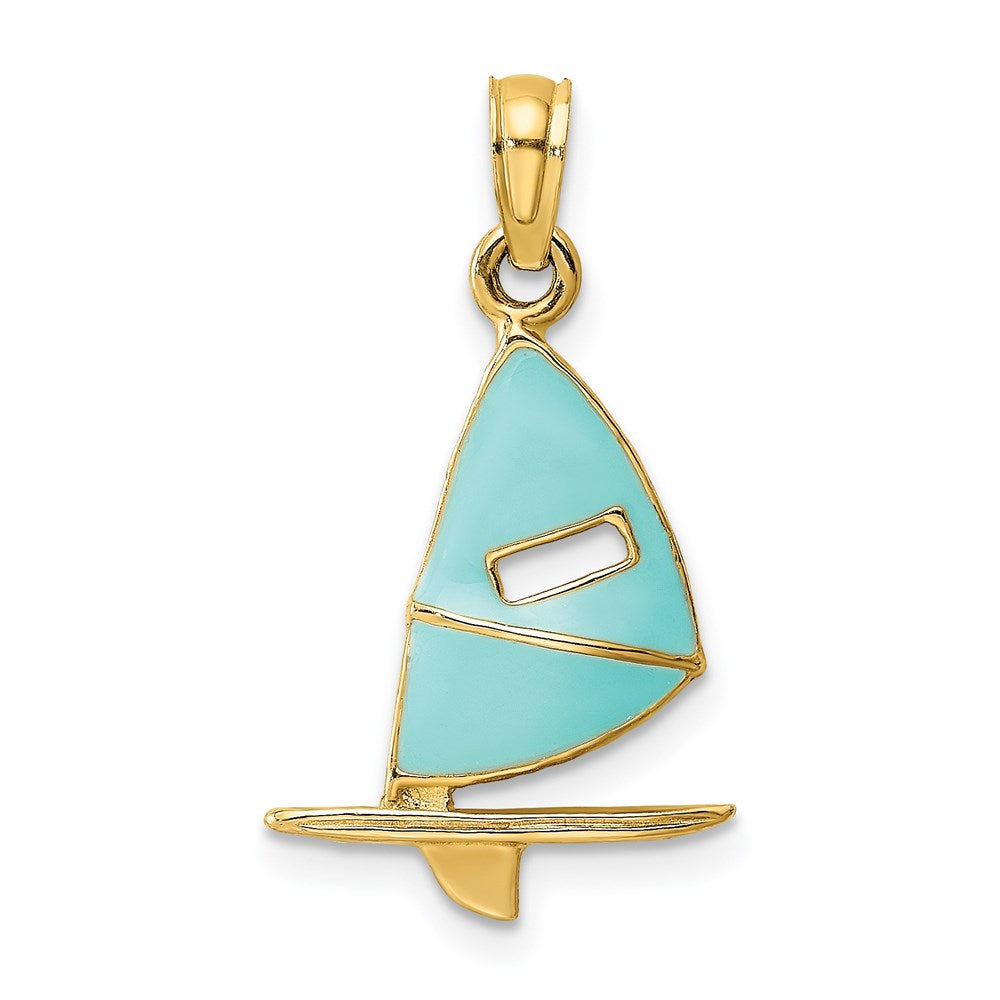 14k Yellow Gold 13.12 mm Aqua Enameled Windsail Surf Board Charm (0.99 grams)