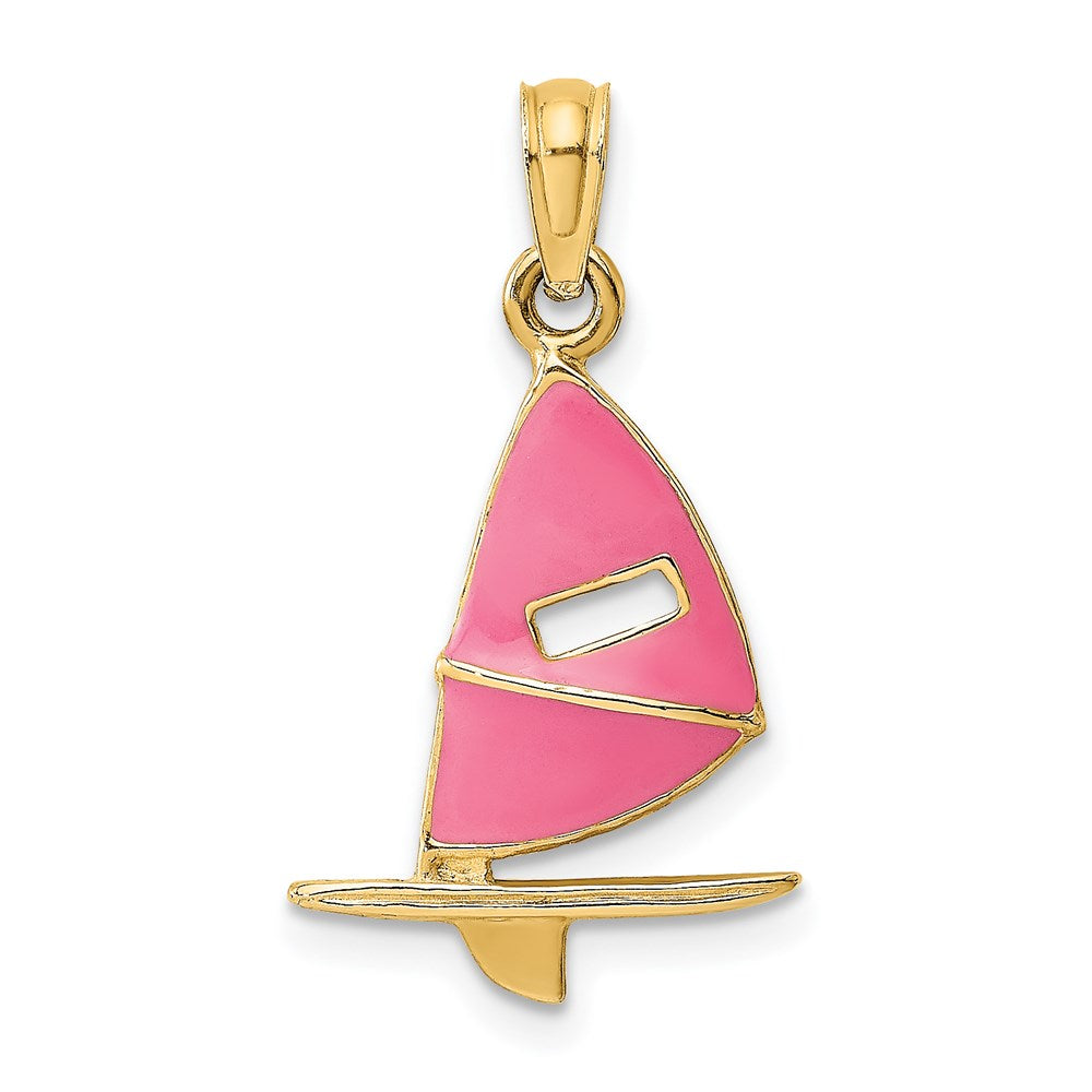 14k Yellow Gold 13.2 mm Pink Enameled Windsail Surf Board Charm (1.01 grams)