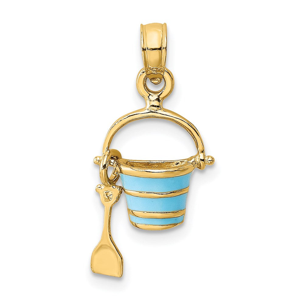 14k Yellow Gold 9.65 mm 2-D Aqua Enameled Beach Bucket w/Moveable Shovel Charm (1 grams)