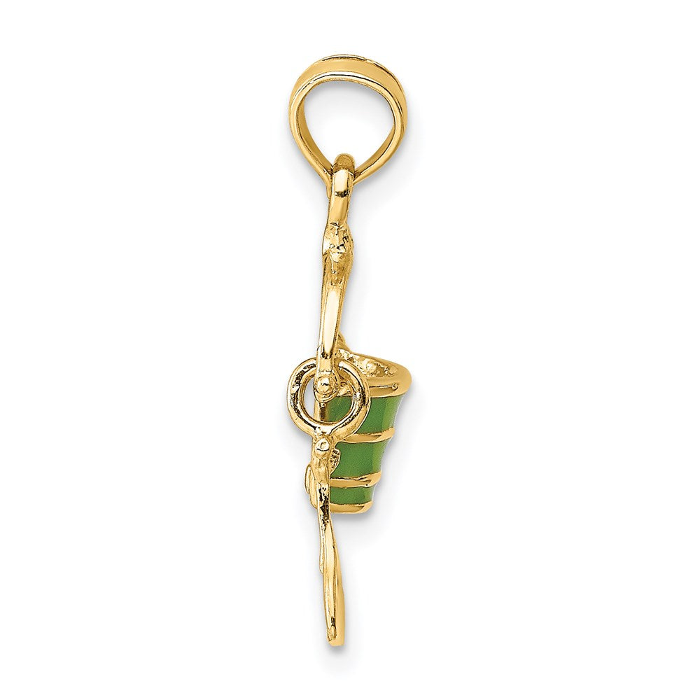 14k Yellow Gold 9.65 mm 2-D Green Enameled Beach Bucket w/Moveable Shovel Charm (1.07 grams)