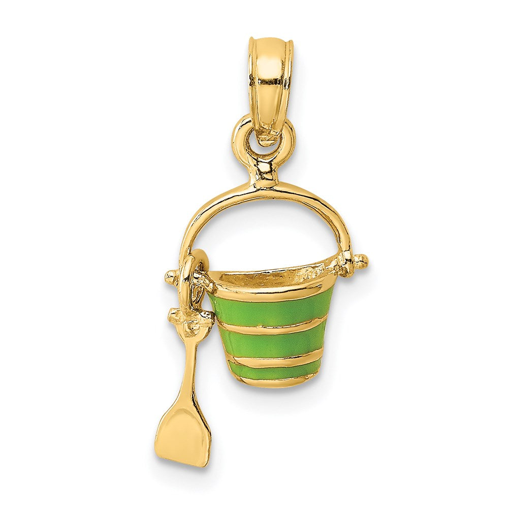 14k Yellow Gold 9.65 mm 2-D Green Enameled Beach Bucket w/Moveable Shovel Charm (1.07 grams)