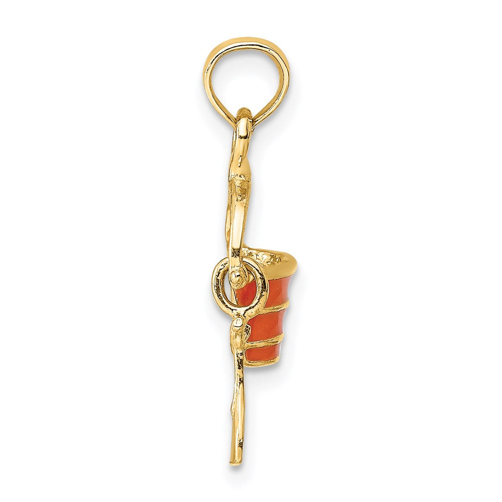 14k Yellow Gold 9.65 mm 2-D Orange Enameled Beach Bucket w/Moveable Shovel Charm (1.09 grams)