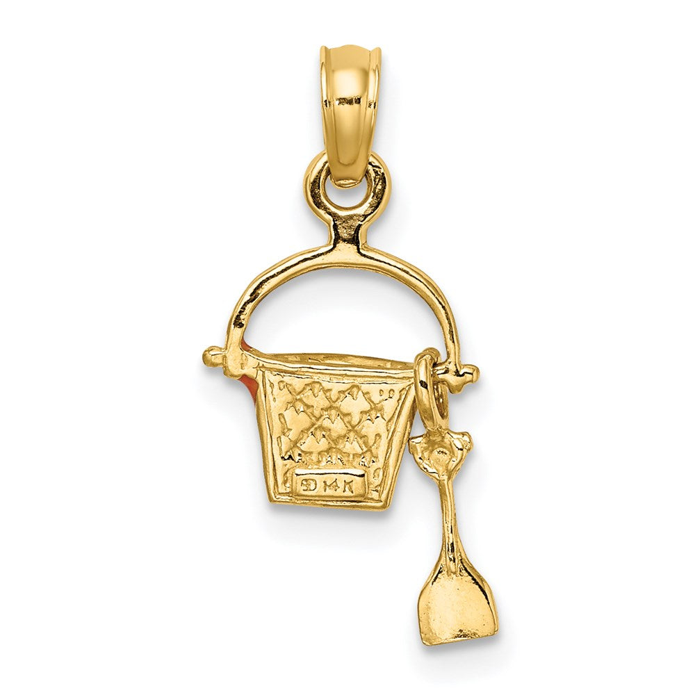 14k Yellow Gold 9.65 mm 2-D Orange Enameled Beach Bucket w/Moveable Shovel Charm (1.09 grams)