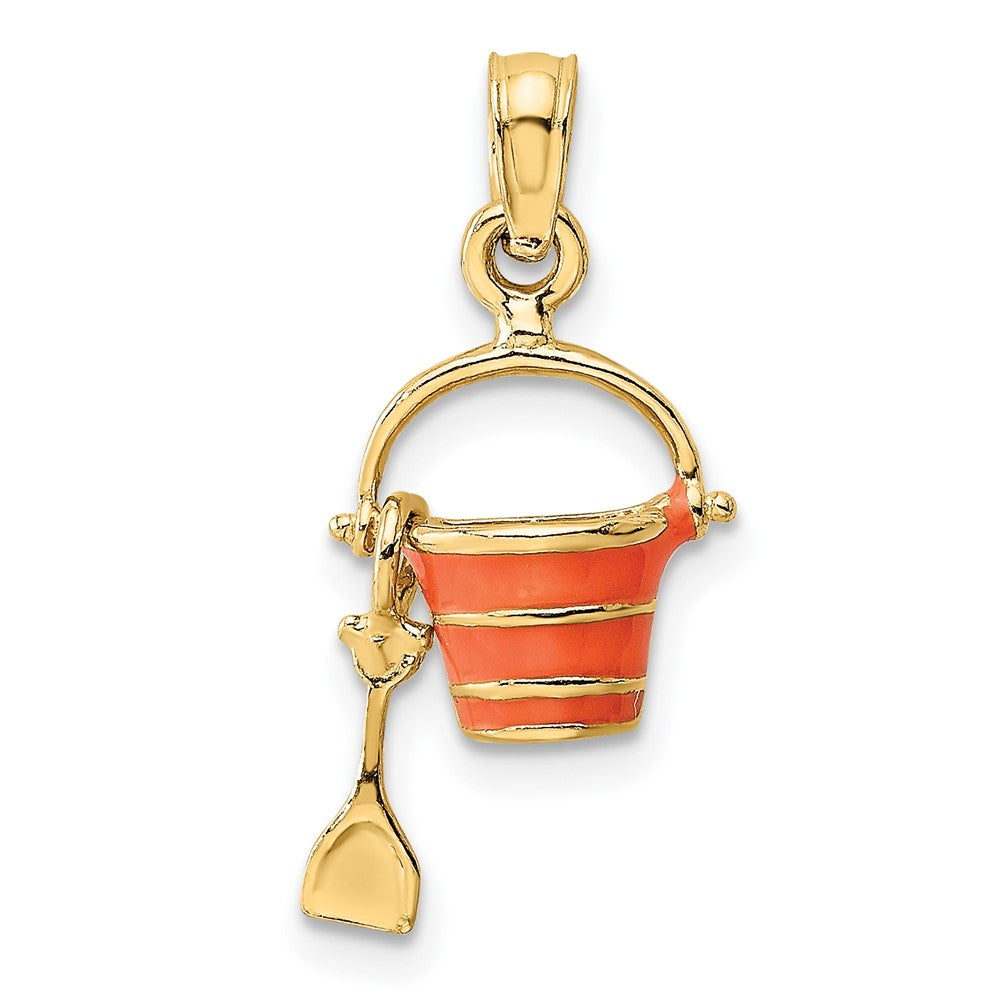 14k Yellow Gold 9.65 mm 2-D Orange Enameled Beach Bucket w/Moveable Shovel Charm (1.09 grams)