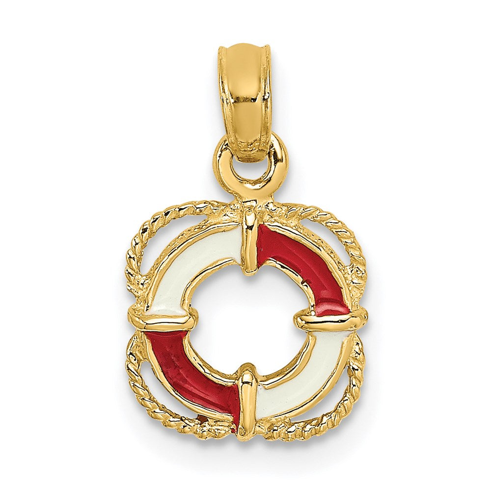 14k Yellow Gold 10 mm Red and White Enameled Lifesaver Ring Charm (0.81 grams)