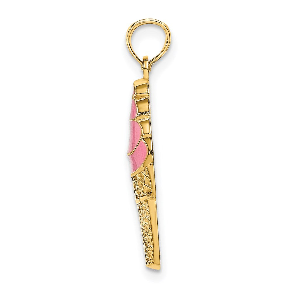 14k Yellow Gold 9.3 mm Pink Enameled Strawberry Ice Cream Cone Charm (1.48 grams)