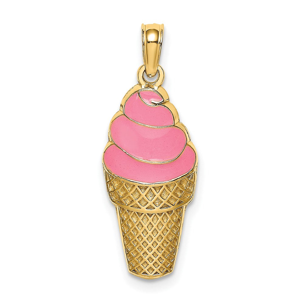 14k Yellow Gold 9.3 mm Pink Enameled Strawberry Ice Cream Cone Charm (1.48 grams)