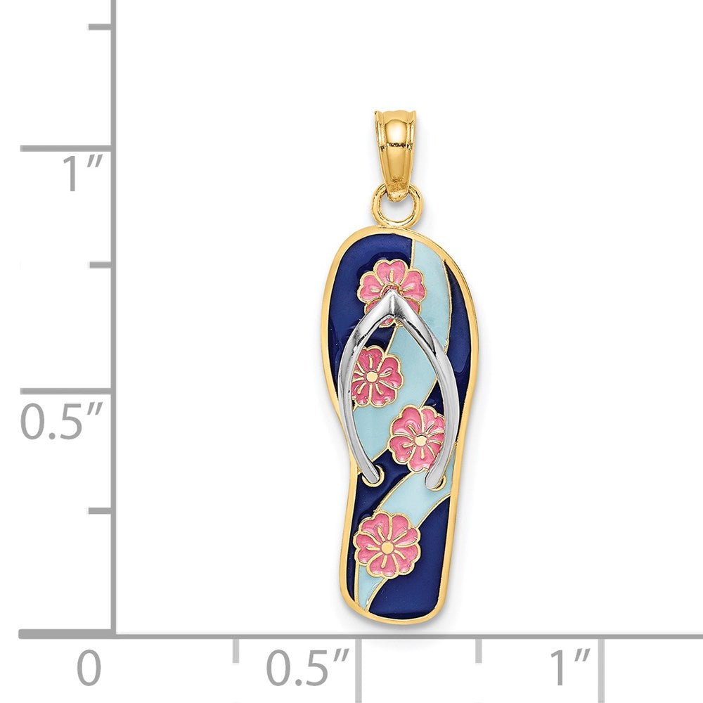 14k Yellow & Rhodium 8.75 mm  3D Enamel Pink Flowers On Blue Stripes Flip-Flop Charm (1.8 grams)