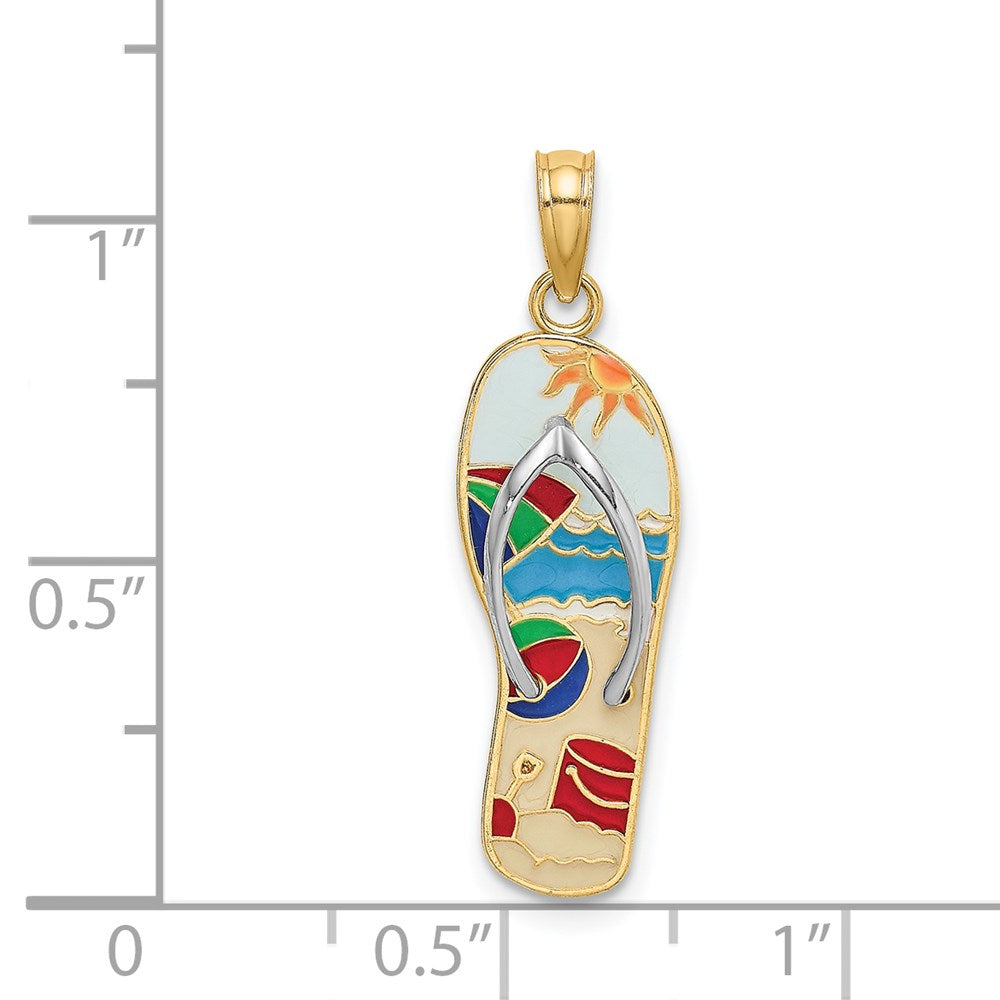 14k Yellow & Rhodium 8.8 mm  Multi-Colored 3D Enamel Beach Scene On Flip-Flop Charm (1.79 grams)