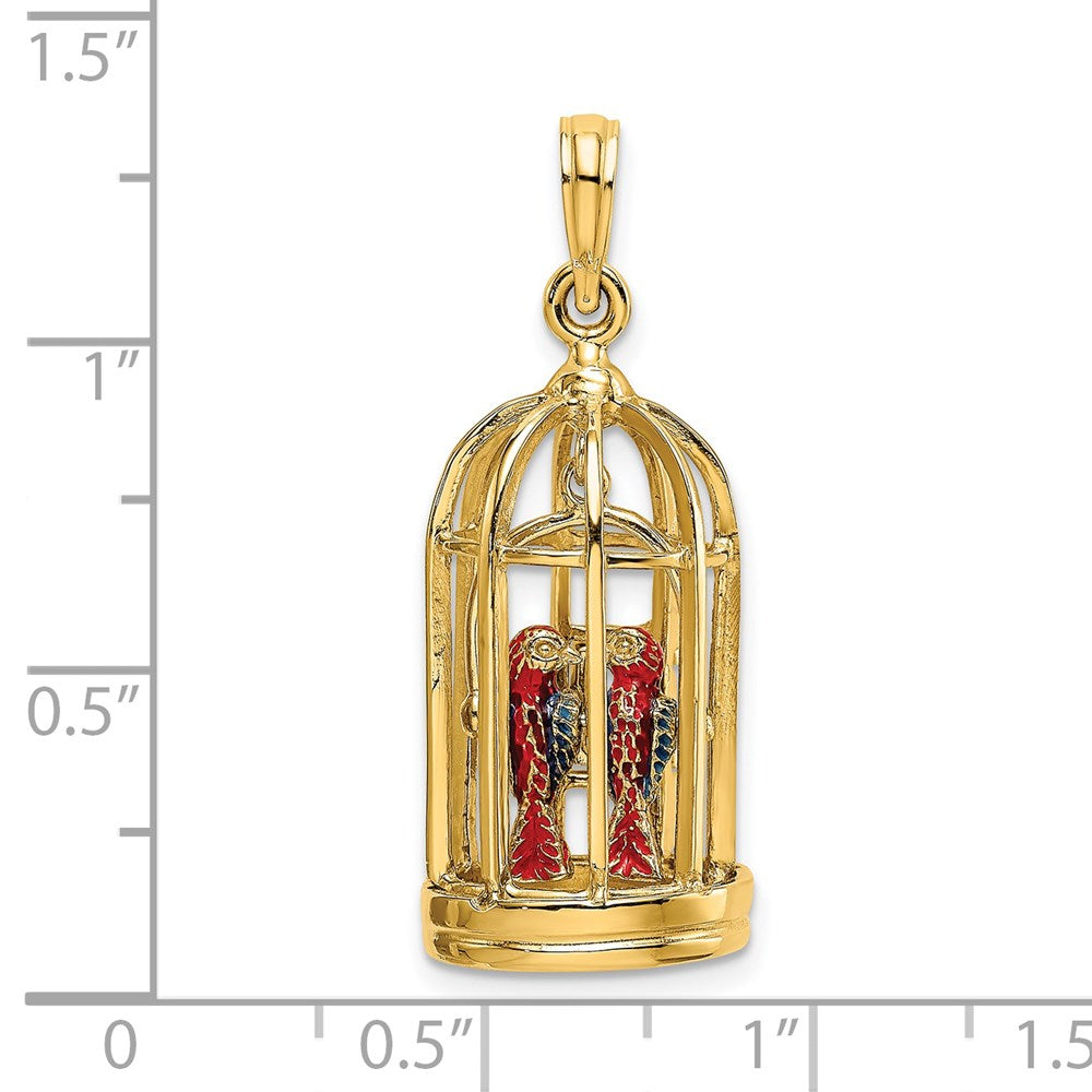 14k Yellow Gold 12.05 mm w/ Enamel 3-D Bird Cage w/ 2 Birds and Doors Open Charm (4.54 grams)