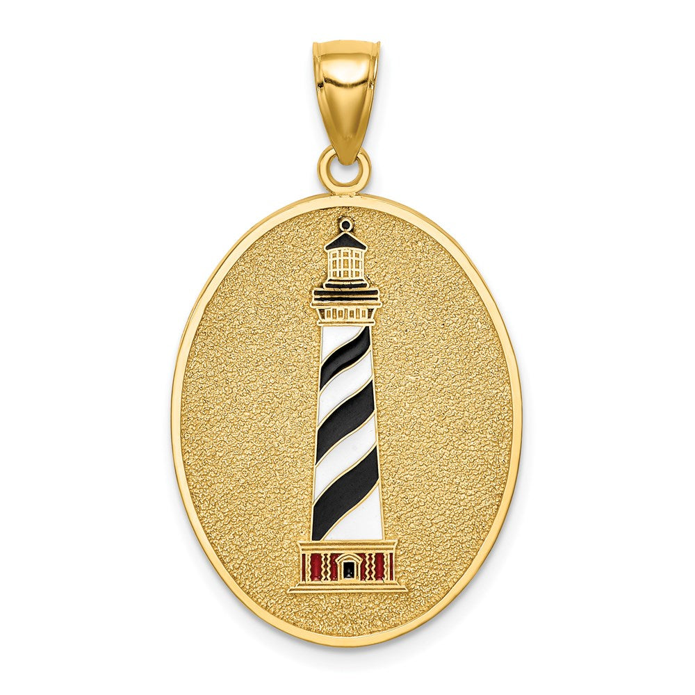 14k Yellow Gold 21.9 mm Enamel Lighthouse Pendant W/John 8:12 On Reverse (4.11 grams)