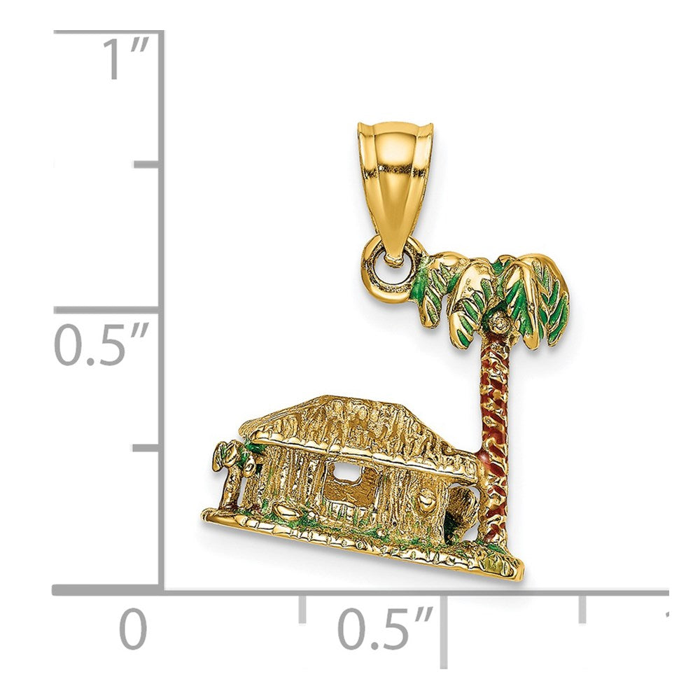 14k Yellow Gold 15.8 mm 3-D W/Enamel Palm Tree and Hut Charm (3.97 grams)