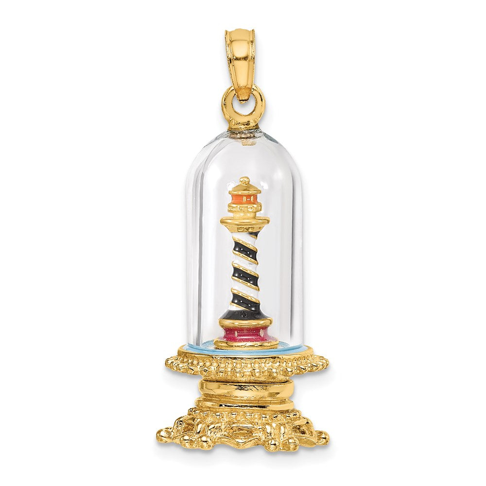 14k Yellow Gold 12.9 mm 3-D Enamel Lighthouse In Glass Dome Charm (5.77 grams)