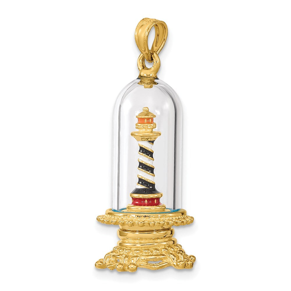 14k Yellow Gold 12.9 mm 3-D Enamel Lighthouse In Glass Dome Charm (5.77 grams)