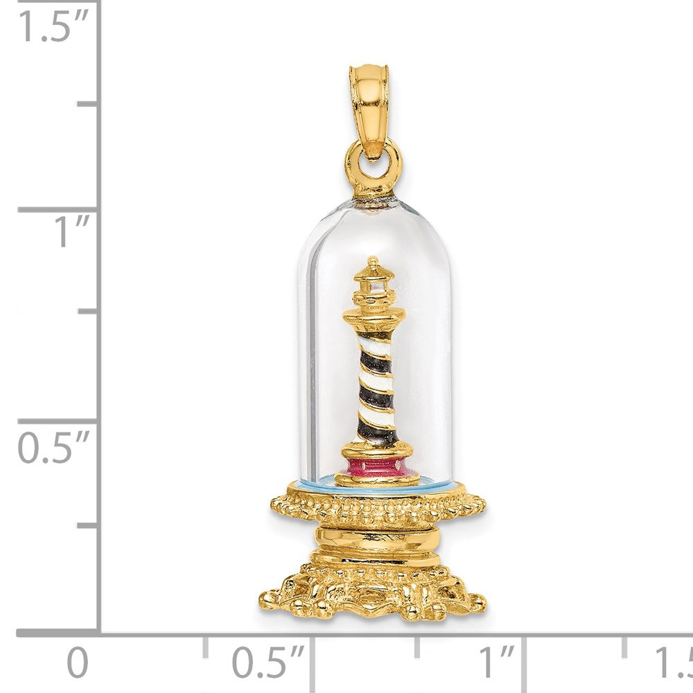 14k Yellow Gold 12.9 mm 3-D Enamel Lighthouse In Glass Dome Charm (5.77 grams)