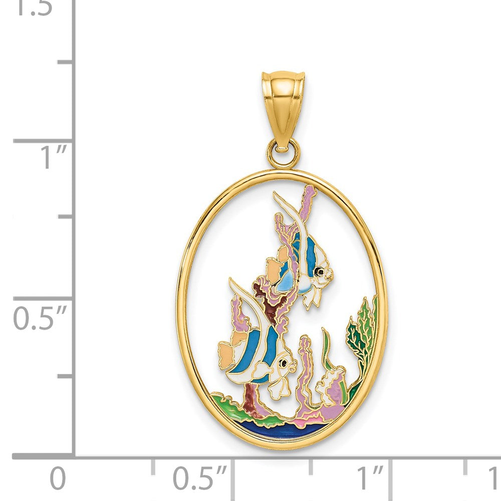 14k Yellow Gold 18.25 mm Enamel Angelfish In Underwater Scene Charm (2.03 grams)