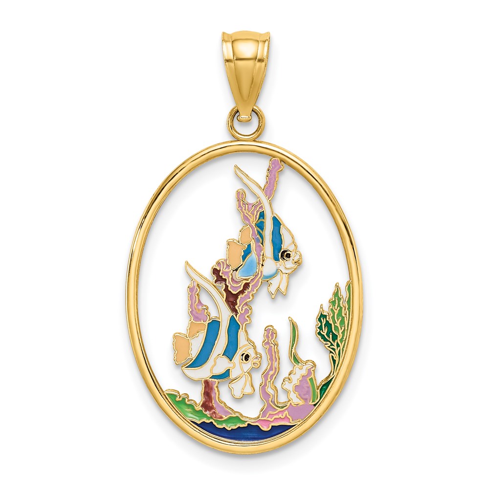 14k Yellow Gold 18.25 mm Enamel Angelfish In Underwater Scene Charm (2.03 grams)