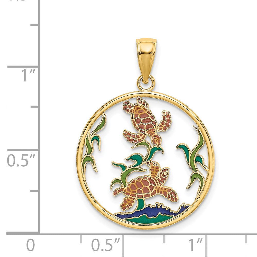 14k Yellow Gold 22.45 mm Enamel Sea Turtles In Circle Charm (2.3 grams)