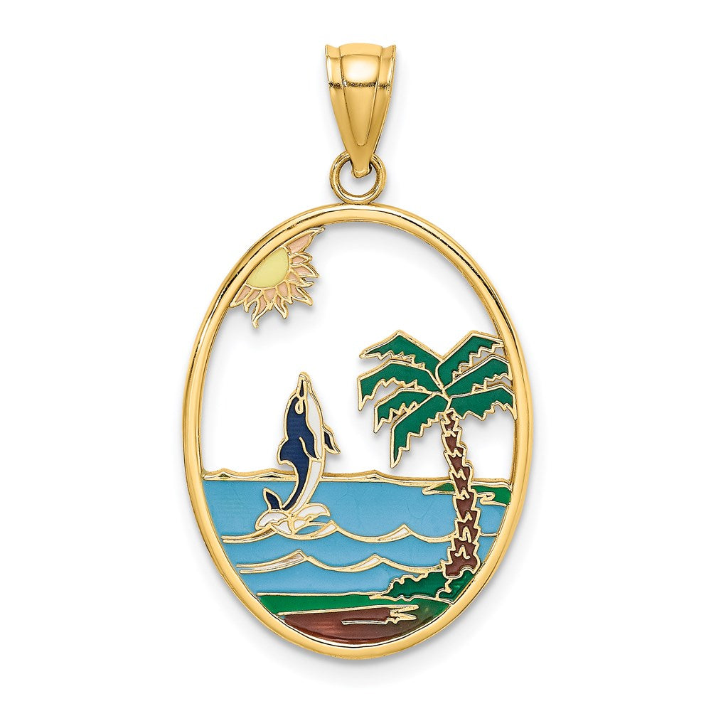 14k Yellow Gold 18.35 mm Enamel Dolphin Jumping In Beach Scene Charm (2.32 grams)